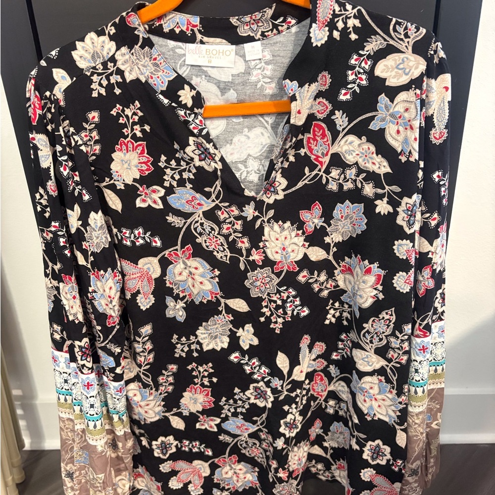 Belle by Kim Gravel Floral V-Neck Top - Black and Multicolor